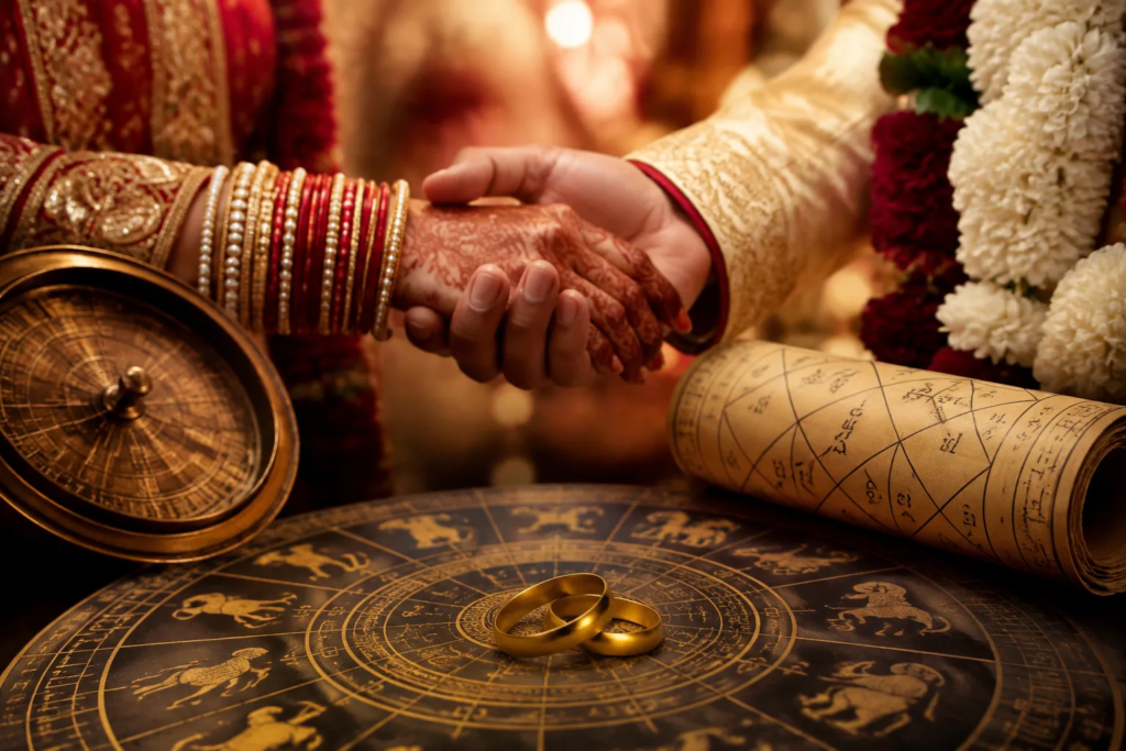 Two hands shake over a zodiac chart with wedding rings, a compass, and a scroll, suggesting an Indian wedding with astrological elements like कुंडली मिलान and the traditional importance of 36 गुण in ज्योतिष.