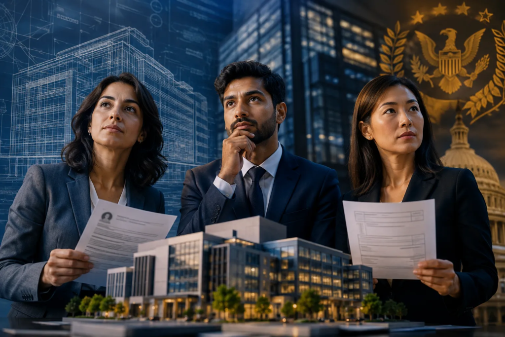 Three business professionals in suits hold documents, standing in front of a modern building model, with government and architectural graphics in the background—capturing the spirit of करियर और बिजनेस opportunities.
