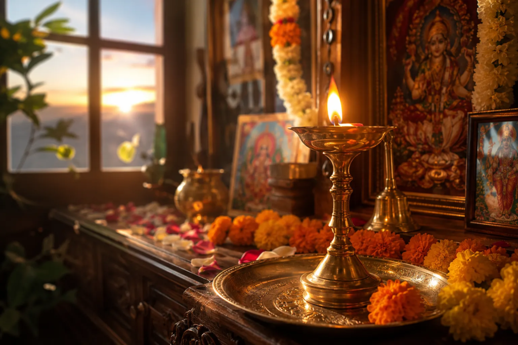 Brass oil lamp lit at दीपक जलाने का समय on a decorated Hindu altar with marigold flowers, framed deity images, and sunlight coming through a nearby window at sunset, creating a serene atmosphere reminiscent of घर में दीपक traditions.