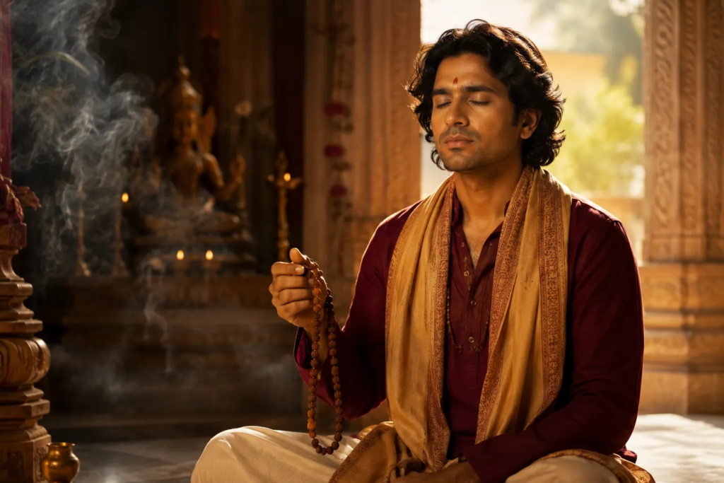 A man in traditional clothing meditates indoors, holding prayer beads with eyes closed, immersed in मंत्र जप amidst swirling incense smoke and ornate decor, embodying deep आध्यात्मिक साधना.