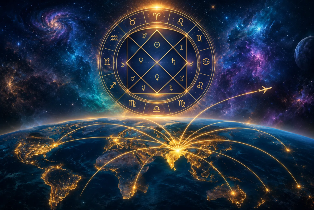 A golden zodiac chart hovers over Earth at night with glowing city lights and flight paths, symbolizing विदेश जाने का योग; a plane flies outward, while a colorful galaxy fills the background, capturing the कुंडली के संकेत for journeys abroad.
