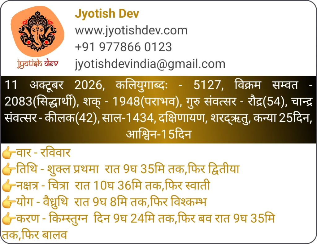 An October 11, 2026, calendar information card for Navratri, featuring the Jyotish Dev logo, contact details, and astrological data in Hindi.
