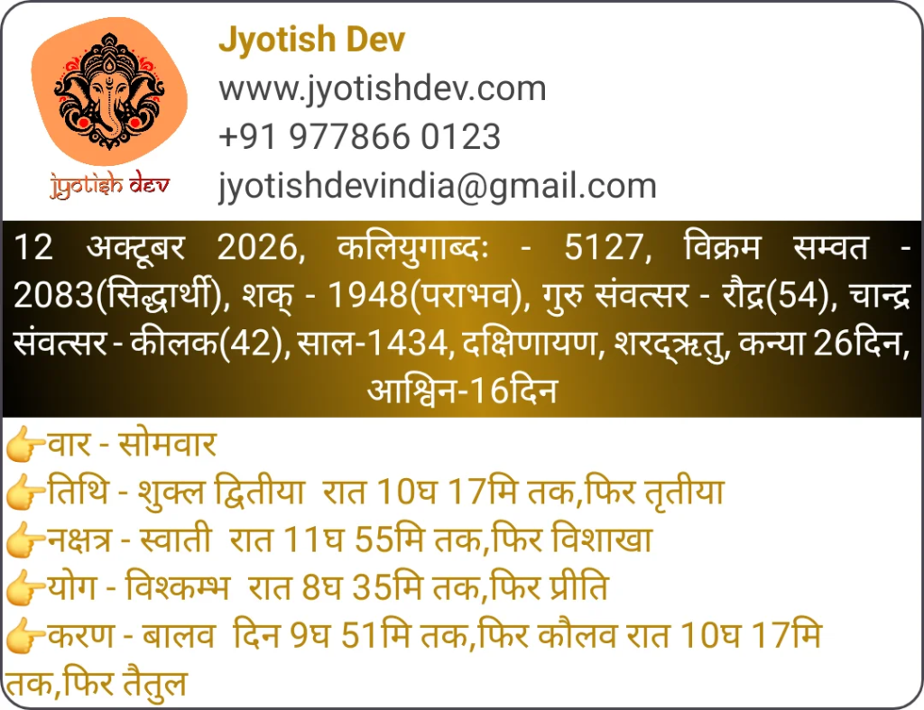 An October 12, 2026, Panchang calendar information card for Navratri, featuring the Jyotish Dev logo, contact details, and astrological data in Hindi.