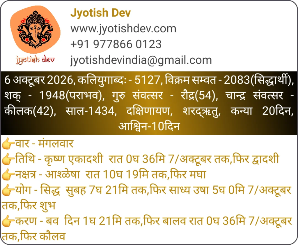 A Hindu calendar image showing detailed astrological and पंचांग info for October 6, 2026, including श्राद्ध तिथि, ज्योतिषीय संकेत, timings, and contact details for Jyotish Dev.